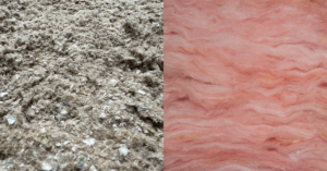 Side by side of Cellulose insulation (shown left) and Fiberglass insulation (shown right)