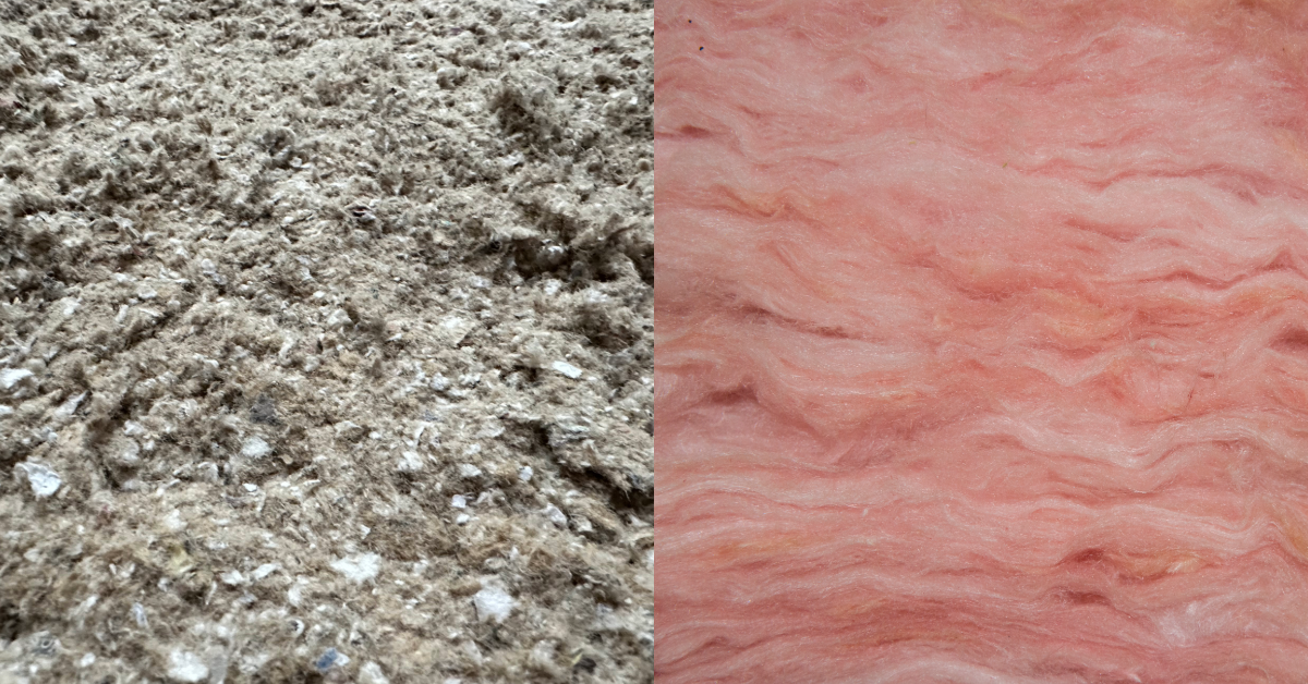 Side by side of Cellulose insulation (shown left) and Fiberglass insulation (shown right)